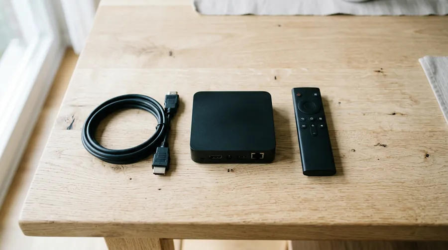 Streaming-Box mit Fernbedienung und HDMI-Kabel auf einem Tisch