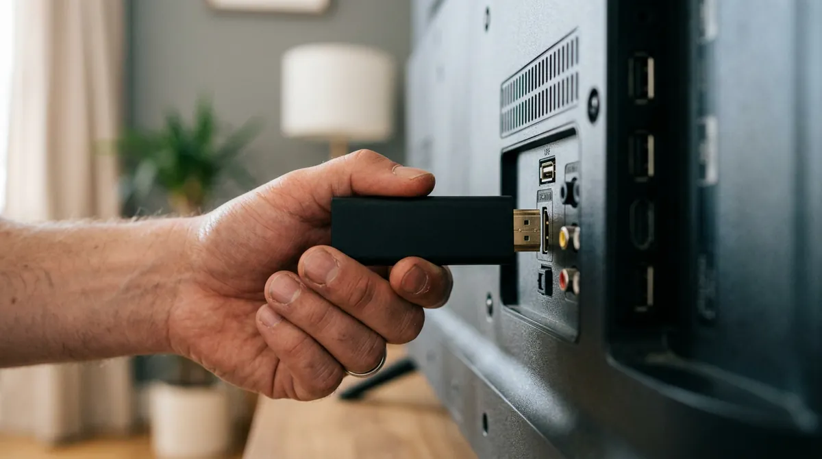 Streaming-Stick wird an den HDMI-Anschluss eines Fernsehers angeschlossen