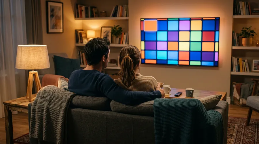 Paar sitzt auf dem Sofa vor dem Fernseher