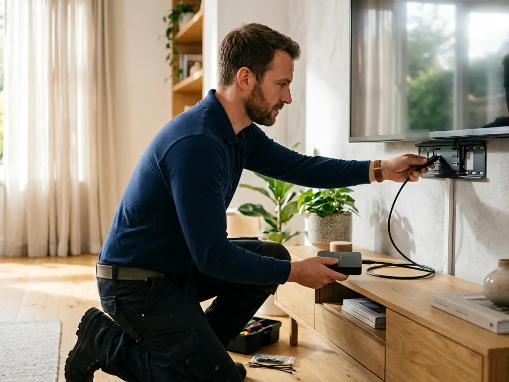 Techniker schließt eine Streaming-Box an einen Fernseher an