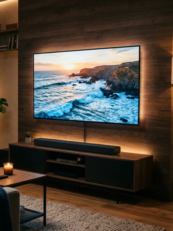 Eingerichteter Fernseher mit Soundbar im Wohnzimmer