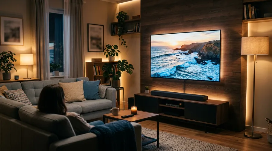 Fernseher mit Naturaufnahme in einem abendlichen Wohnzimmer
